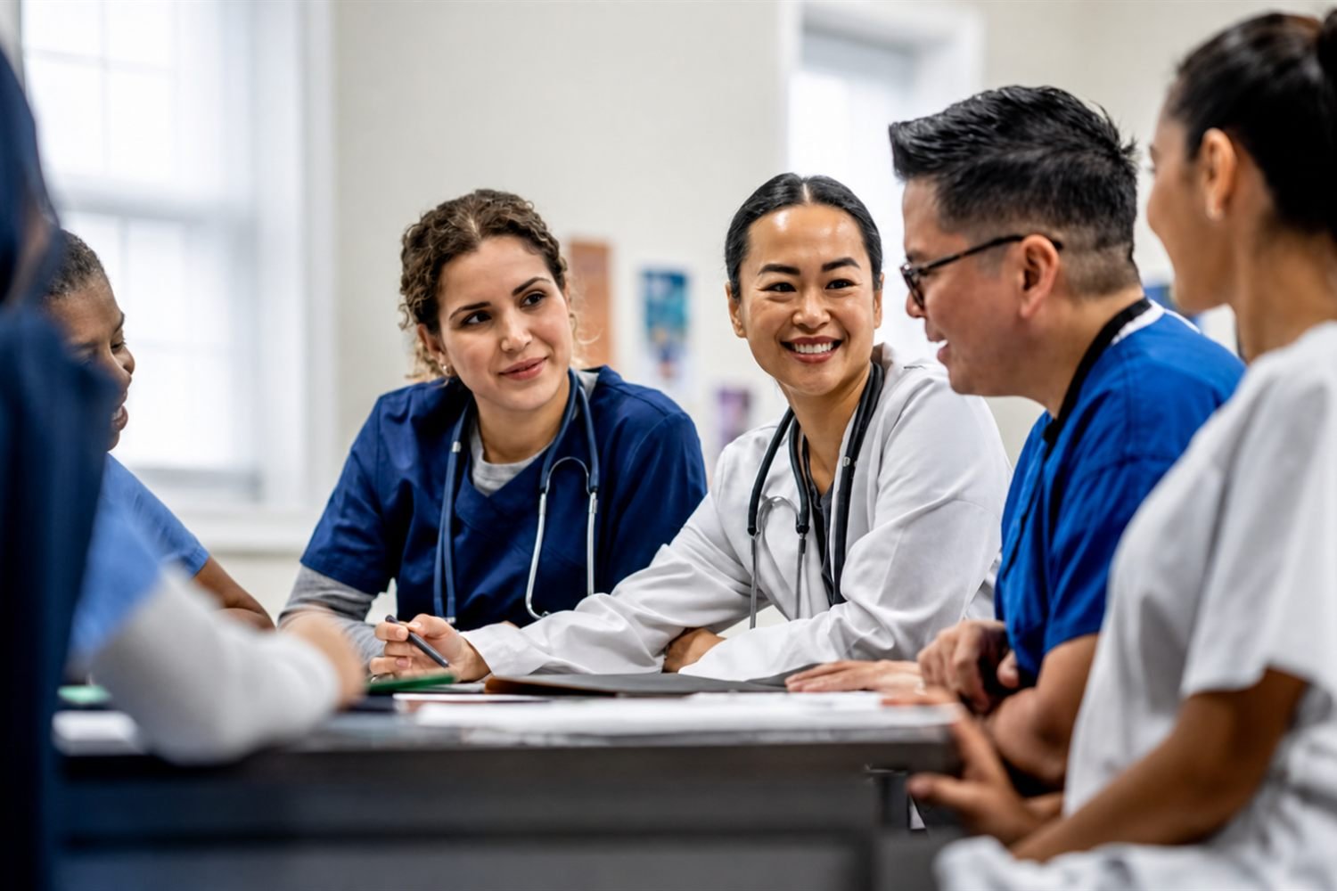 Health practitioners talking together around a table