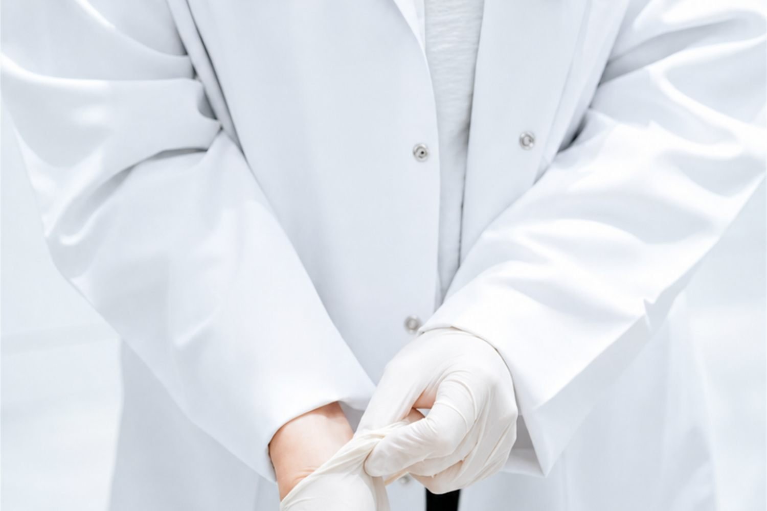 A practitioner in a clinic coat putting on gloves before an appointment